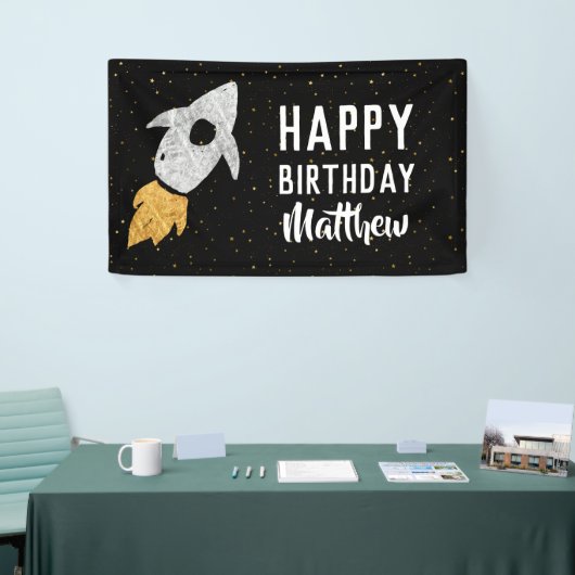 Happy Birthday Outer Space Silver Gold Raket Kinde Spandoek (Beurs)