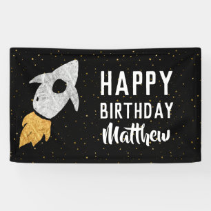 Happy Birthday Outer Space Silver Gold Raket Kinde Spandoek