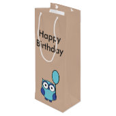 Happy Birthday Owl Blue en Aqua Wijn Cadeautas (Achterkant Gekanteld)