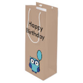 Happy Birthday Owl Blue en Aqua Wijn Cadeautas (Voorkant Gekanteld)