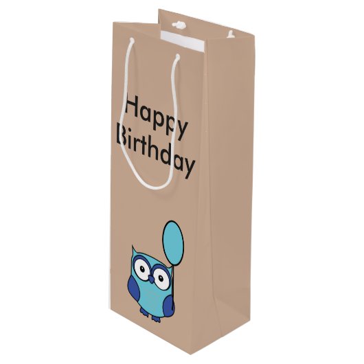 Happy Birthday Owl Blue en Aqua Wijn Cadeautas (Voorkant Gekanteld)