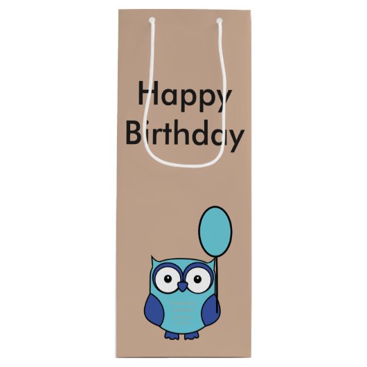 Happy Birthday Owl Blue en Aqua Wijn Cadeautas (Voorkant)