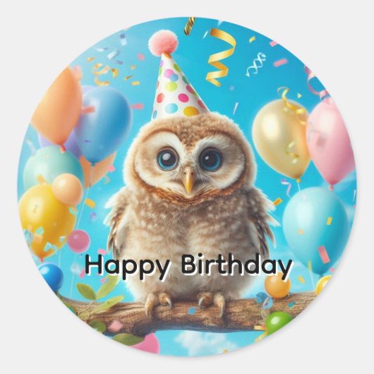 Happy Birthday Owl Ronde Sticker (Voorkant)