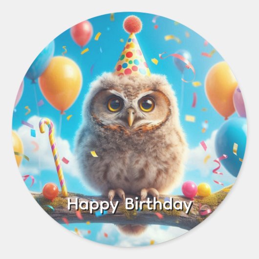 Happy Birthday Owl Ronde Sticker (Voorkant)
