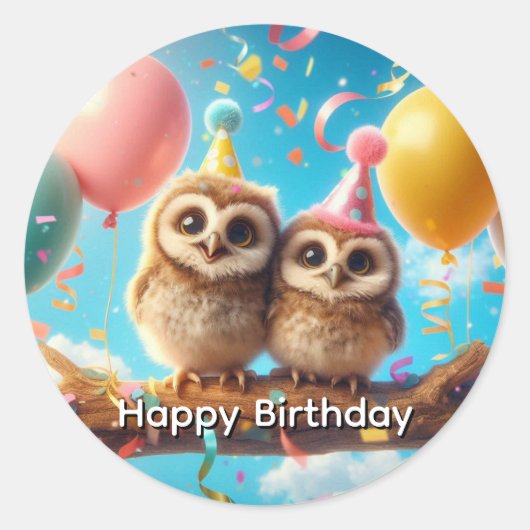 Happy Birthday Owl Ronde Sticker (Voorkant)