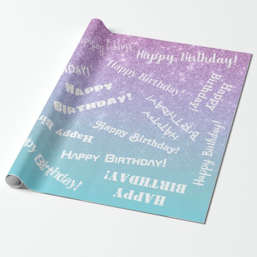 Happy Birthday Paars Blue Glitter Ombre Gradient Cadeaupapier (Uitgerold)