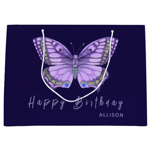 Happy Birthday Paars Butterfly Large Gift Bag Groot Cadeauzakje (Voorkant)