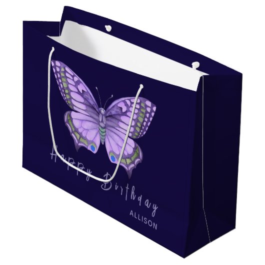 Happy Birthday Paars Butterfly Large Gift Bag Groot Cadeauzakje (Voorkant Gekanteld)