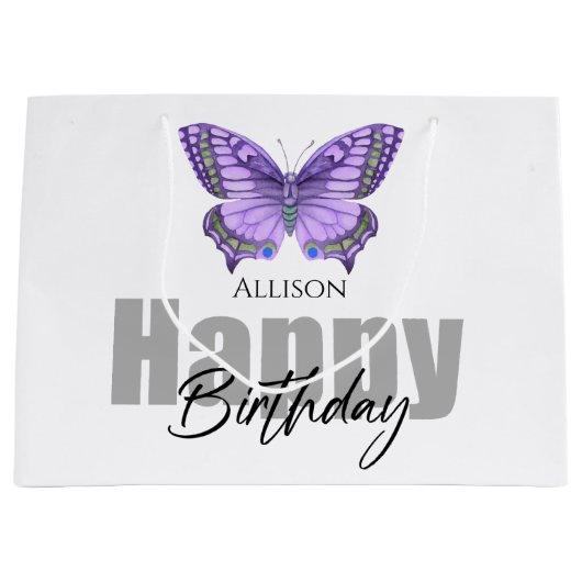 Happy Birthday Paars Butterfly Persoonlijke naam Groot Cadeauzakje (Voorkant)
