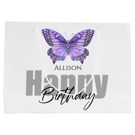 Happy Birthday Paars Butterfly Persoonlijke naam Groot Cadeauzakje (Achterkant)