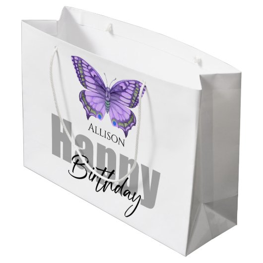 Happy Birthday Paars Butterfly Persoonlijke naam Groot Cadeauzakje (Achterkant Gekanteld)