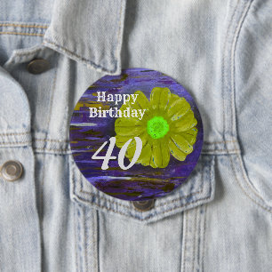 Happy Birthday Paars/ Green Flower Birthday Ronde Button 4,0 Cm