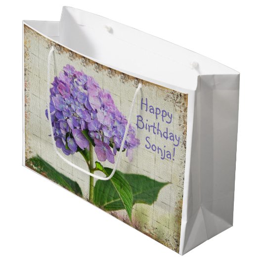 Happy Birthday Paars Hydrangea Groot Cadeauzakje (Voorkant Gekanteld)