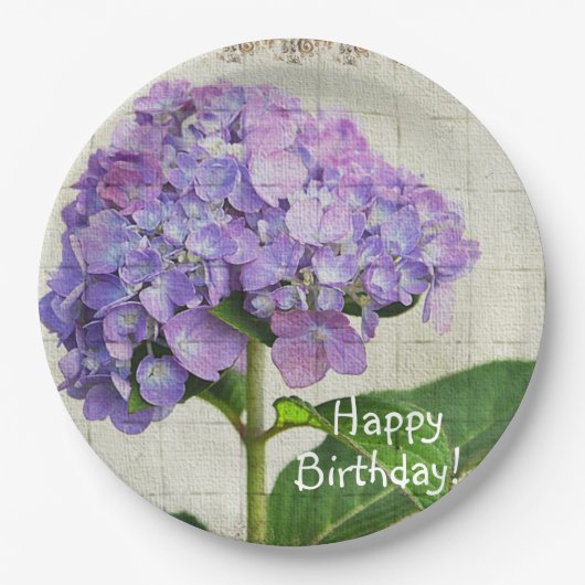 Happy Birthday Paars Hydrangea Papieren Bordje (Voorkant)