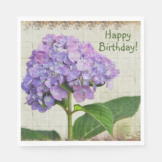 Happy Birthday Paars Hydrangea Servet (Voorkant)