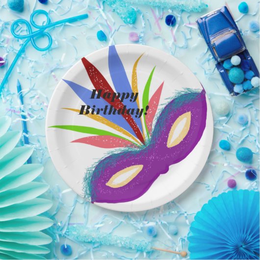 Happy Birthday Paars Masquerade Mask Papieren Bordje (Feest)