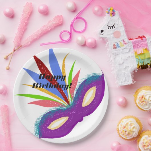 Happy Birthday Paars Masquerade Mask Papieren Bordje (Feest)