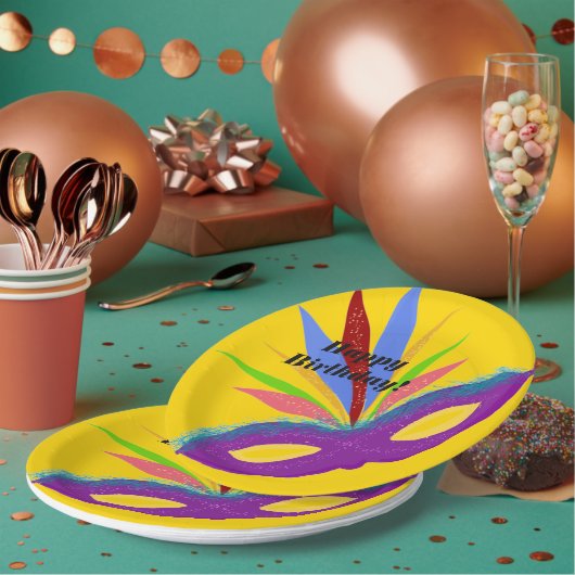 Happy Birthday Paars Masquerade Mask Papieren Bordje (Multi)