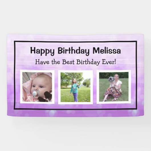 Happy Birthday Paars Persoonlijke foto Spandoek (Horizontaal)