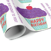 Happy Birthday Paarse Frosting Cherry Cupcake Cadeaupapier (Rol Hoek)