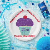 Happy Birthday Paarse Frosting Cherry Cupcake Papieren Bordje (Feest)