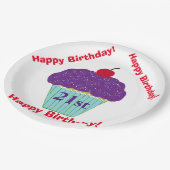 Happy Birthday Paarse Frosting Cherry Cupcake Papieren Bordje (Gekanteld)
