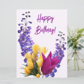 Happy Birthday  paarse geel roze bloemen Feestdagenkaart (Staand voorkant)