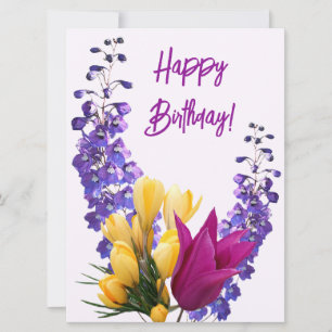 Happy Birthday  paarse geel roze bloemen Feestdagenkaart