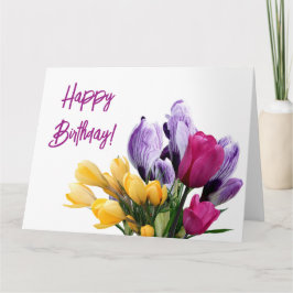 Happy Birthday paarse geel roze tulp bloemenplezie Kaart