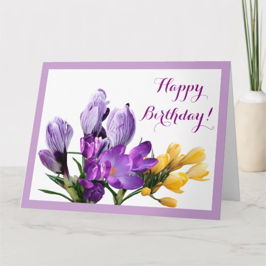 Happy Birthday  paarse gele krokus bloemen Kaart (Voorkant)