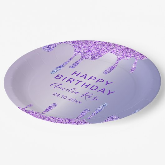 Happy Birthday Paarse Glitter Metallic Party Papieren Bordje (Gekanteld)