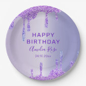 Happy Birthday Paarse Glitter Metallic Party Papieren Bordje (Voorkant)