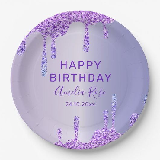 Happy Birthday Paarse Glitter Metallic Party Papieren Bordje (Voorkant)