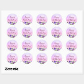 Happy Birthday paarse roze bloemen Ronde Sticker (Vel)