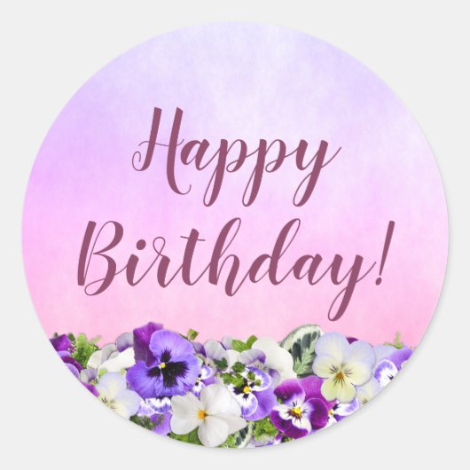 Happy Birthday paarse roze bloemen Ronde Sticker (Voorkant)