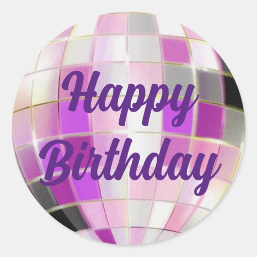 Happy Birthday paarse roze discobal Ronde Sticker (Voorkant)