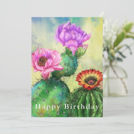 Happy Birthday - Paarse roze rode cactus bloemen (Staand voorkant)
