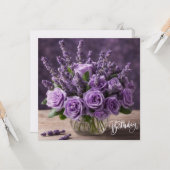 Happy Birthday Paarse Rozen en Lavendelbloemen Kaart (Voorkant / Achterkant in situ)