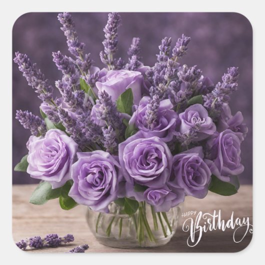 Happy Birthday Paarse Rozen en Lavendelbloemen Vierkante Sticker (Voorkant)