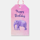 Happy Birthday Paarse Waterverf Olifant op Roze Cadeaulabel (Voorkant)