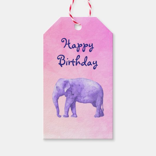 Happy Birthday Paarse Waterverf Olifant op Roze Cadeaulabel (Voorkant)