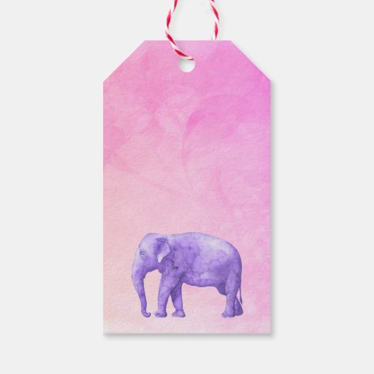 Happy Birthday Paarse Waterverf Olifant op Roze Cadeaulabel (Achterkant)