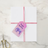 Happy Birthday Paarse Waterverf Olifant op Roze Cadeaulabel (Met Touw)
