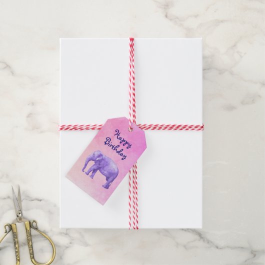 Happy Birthday Paarse Waterverf Olifant op Roze Cadeaulabel (Met Touw)