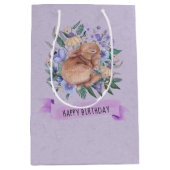 Happy Birthday Paast Bunny Paarse Florals Medium Cadeauzakje (Voorkant)
