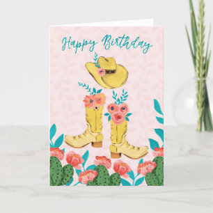 Happy Birthday Painterly Gouache Cowgirl Boots Pet Bedankkaart