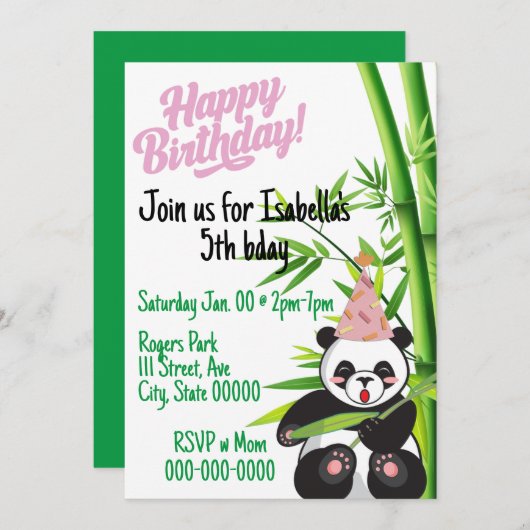 Happy Birthday Panda - Aanpasbare uitnodiging (Voorkant / Achterkant)