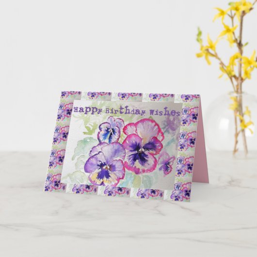 Happy Birthday Pansies Waterverf Greetings Kaart (Gele Bloem)