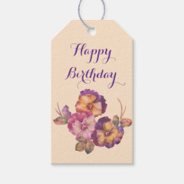 Happy Birthday Pansy Boeket Gift Label — Waterverf Cadeaulabel