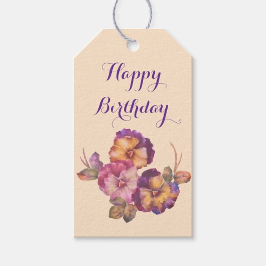 Happy Birthday Pansy Boeket Gift Label — Waterverf Cadeaulabel (Voorkant)